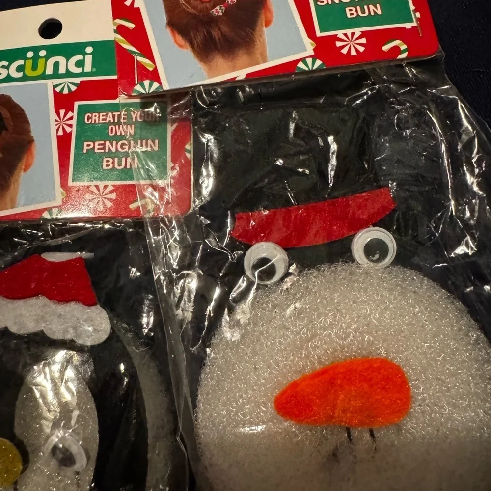Lot Of 3 Scunci Hair Bun Accessories Christmas Reindeer Penguin Snowman New